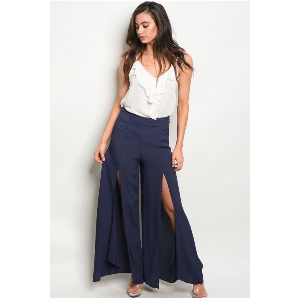Navy Slit Wide Leg Trousers Pants - Picture 2 of 6